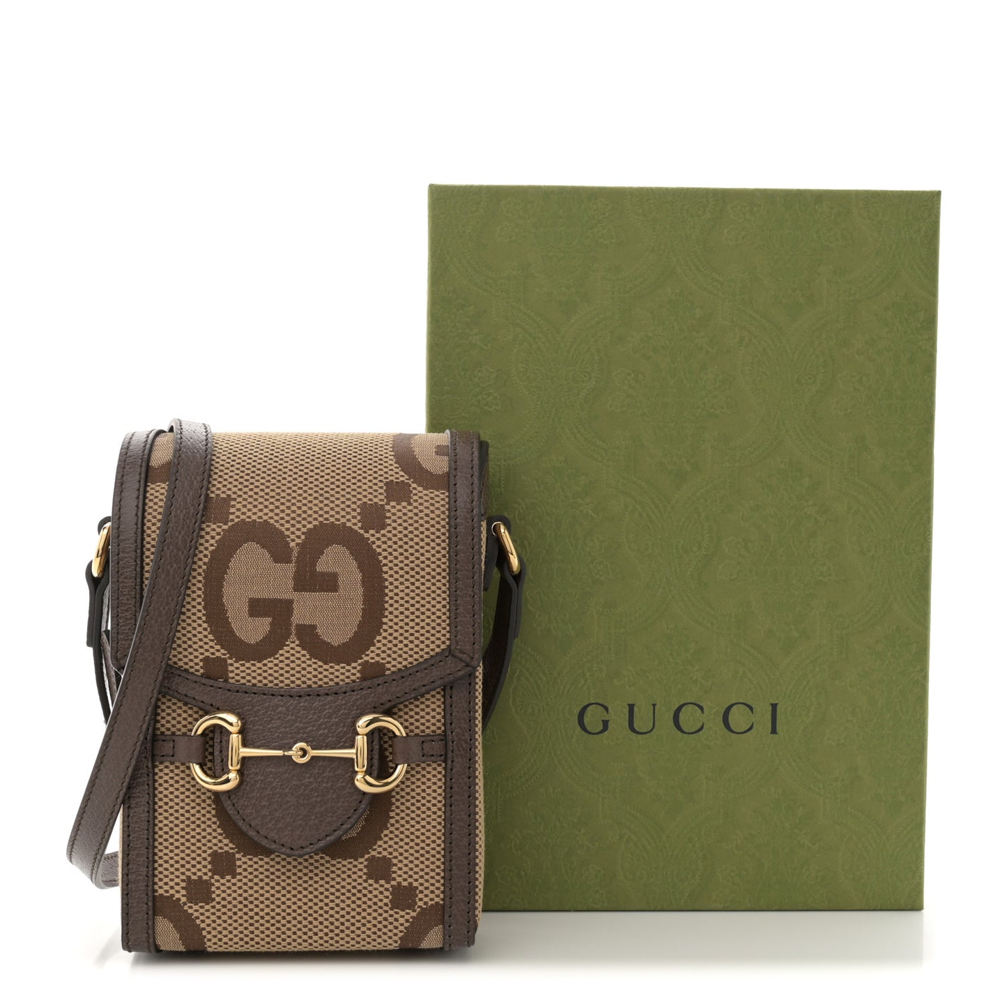 Monogram Jumbo GG Textured Dollar Calfskin Mini Horsebit 1955 Crossbody Bag Camel Ebony New Acero