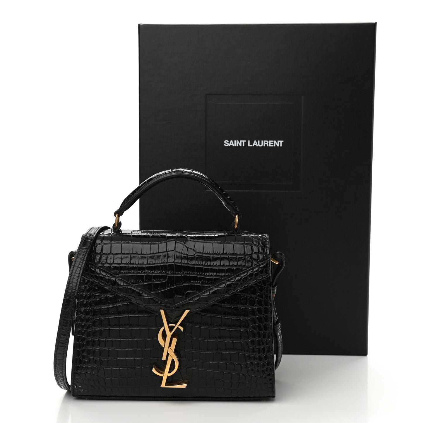 Calfskin Crocodile Embossed Mini Classic Monogram Cassandra Top Handle Black