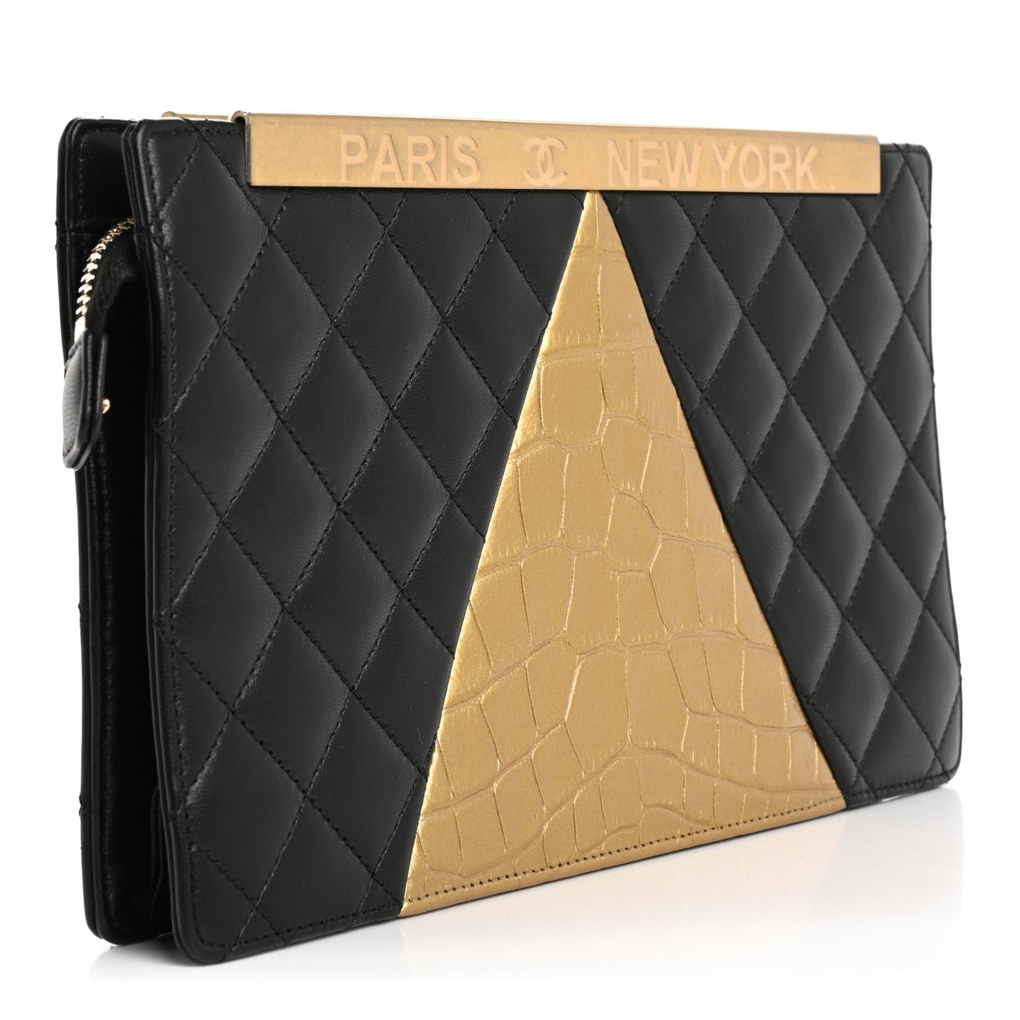 Lambskin Metallic Calfskin Crocodile Embossed Clutch Black Gold
