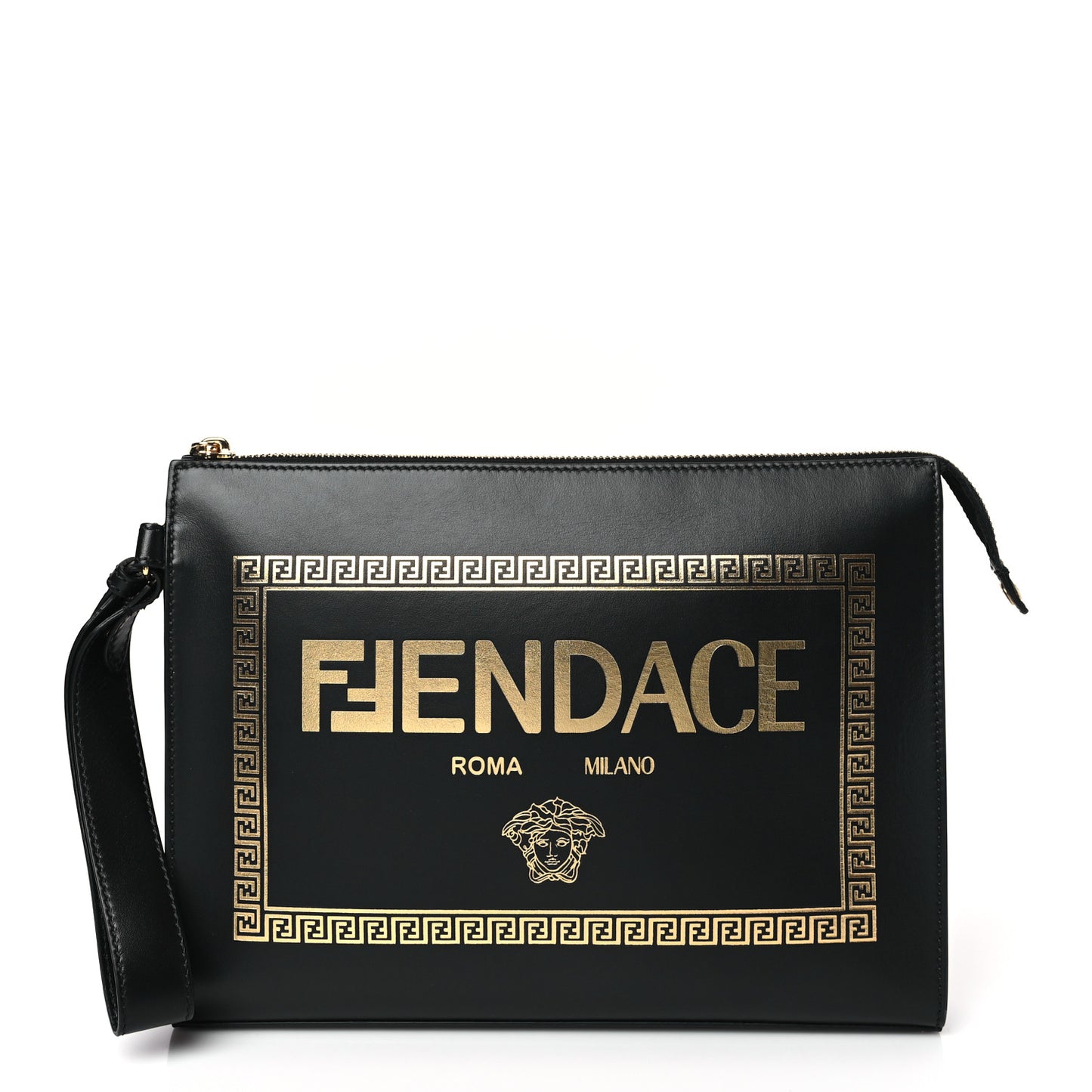 X VERSACE Vitello Grace Fendace FF Baroque Logo Large Flat Pouch Black