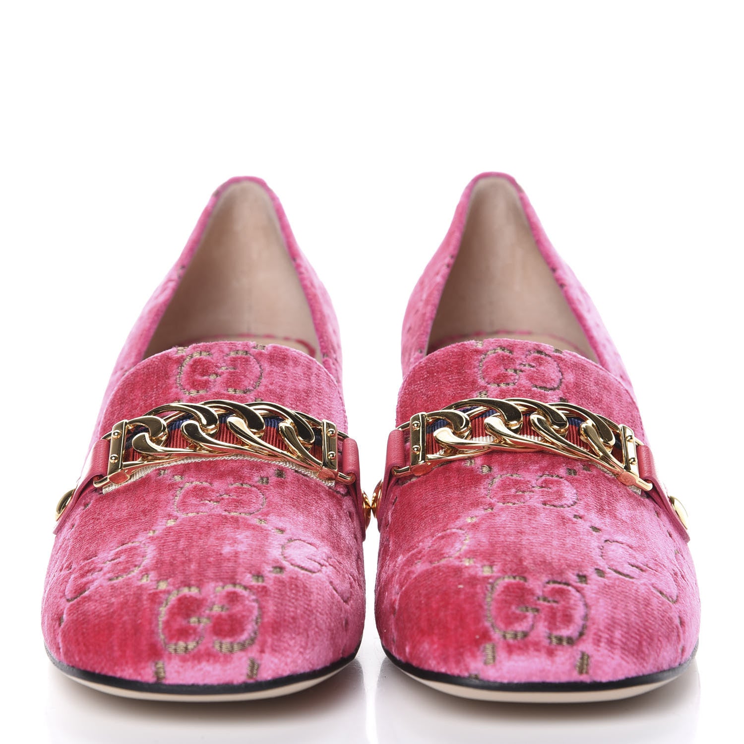 Gucci Velvet GG Monogram Sylvie Web Chain Mid Heel Loafers 40 Bright Pink 2 of 9