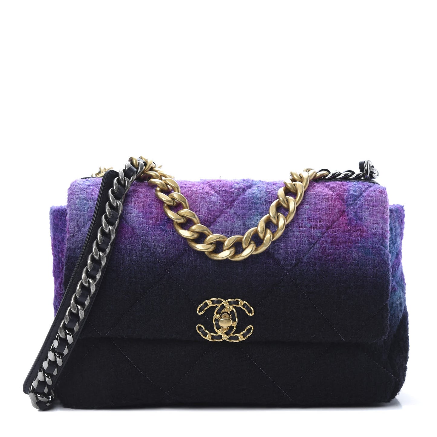 Wool Tweed Quilted Large 19 Flap Purple Black Blue