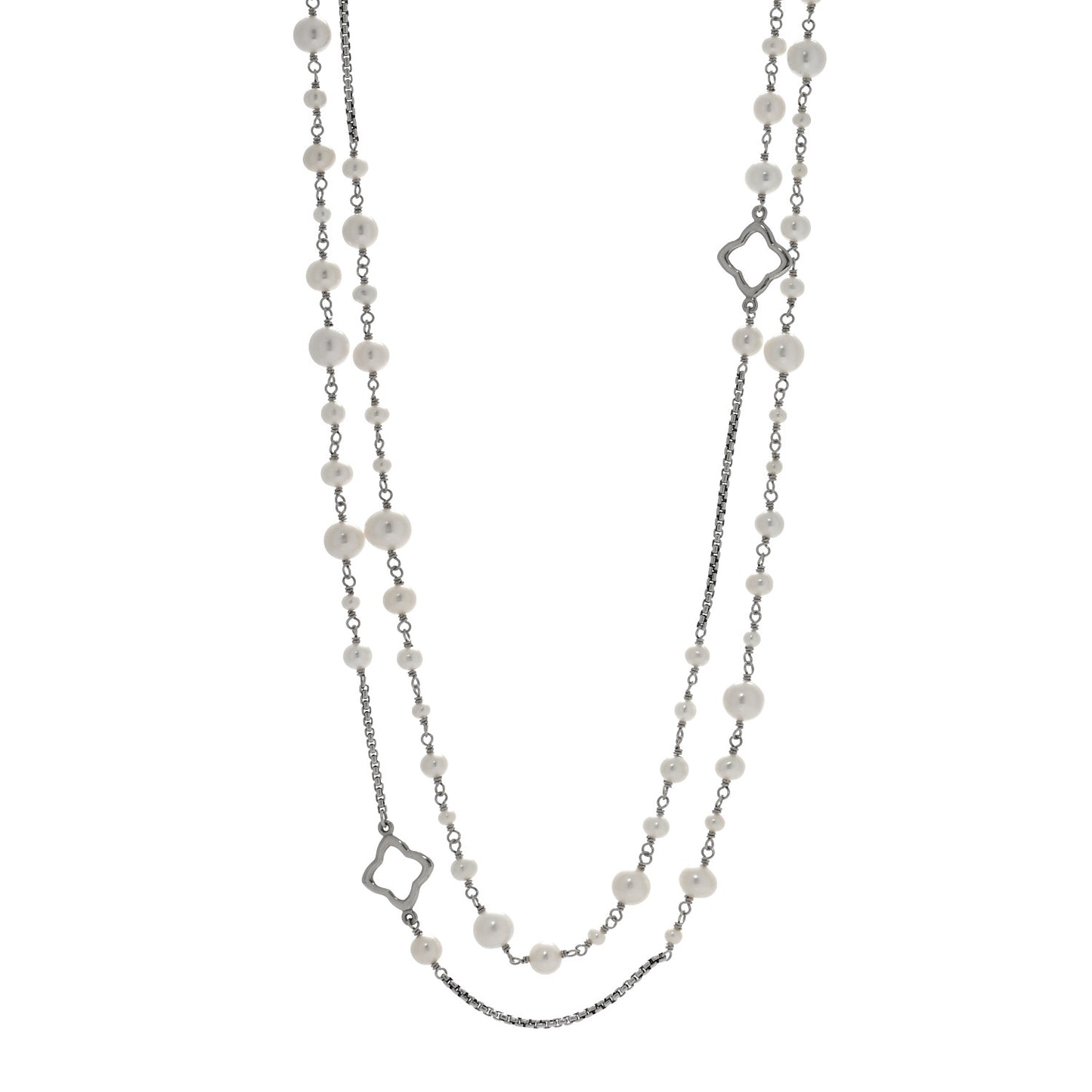 Sterling Silver Cultured Pearl Quatrefoil Long Chain Necklace