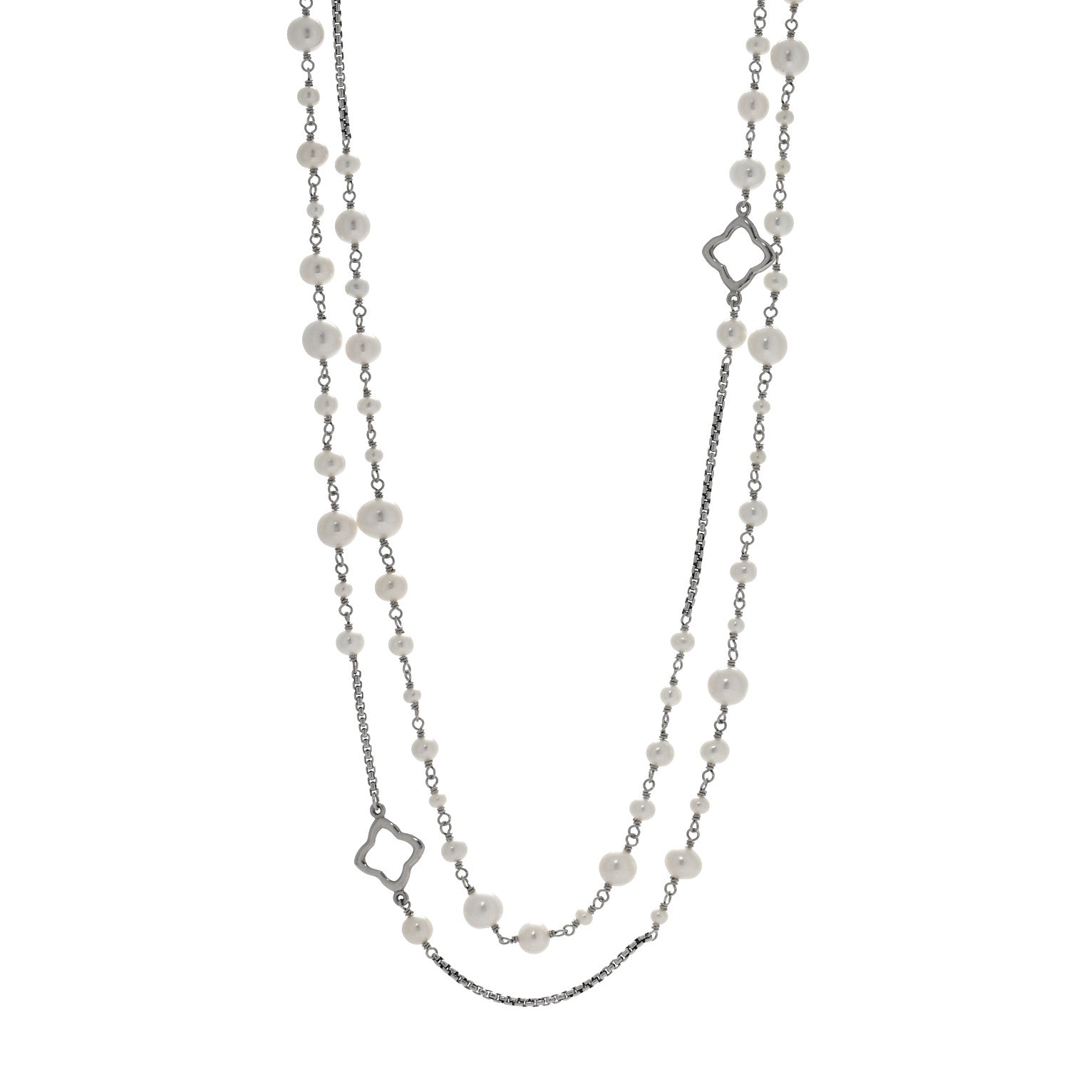 David Yurman Sterling Silver Cultured Pearl Quatrefoil Long Chain Necklace 1 of 4