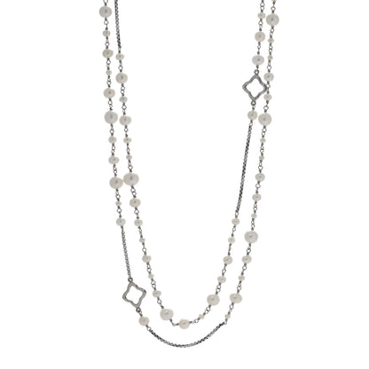 David Yurman Sterling Silver Cultured Pearl Quatrefoil Long Chain Necklace 1 of 4