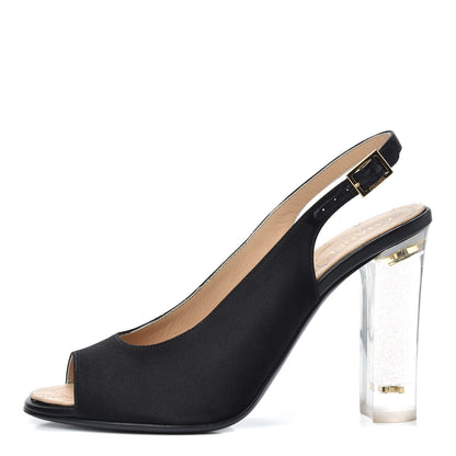 Chanel Satin Lucite Peep Toe Slingback Pumps 37 Black 1 of 11