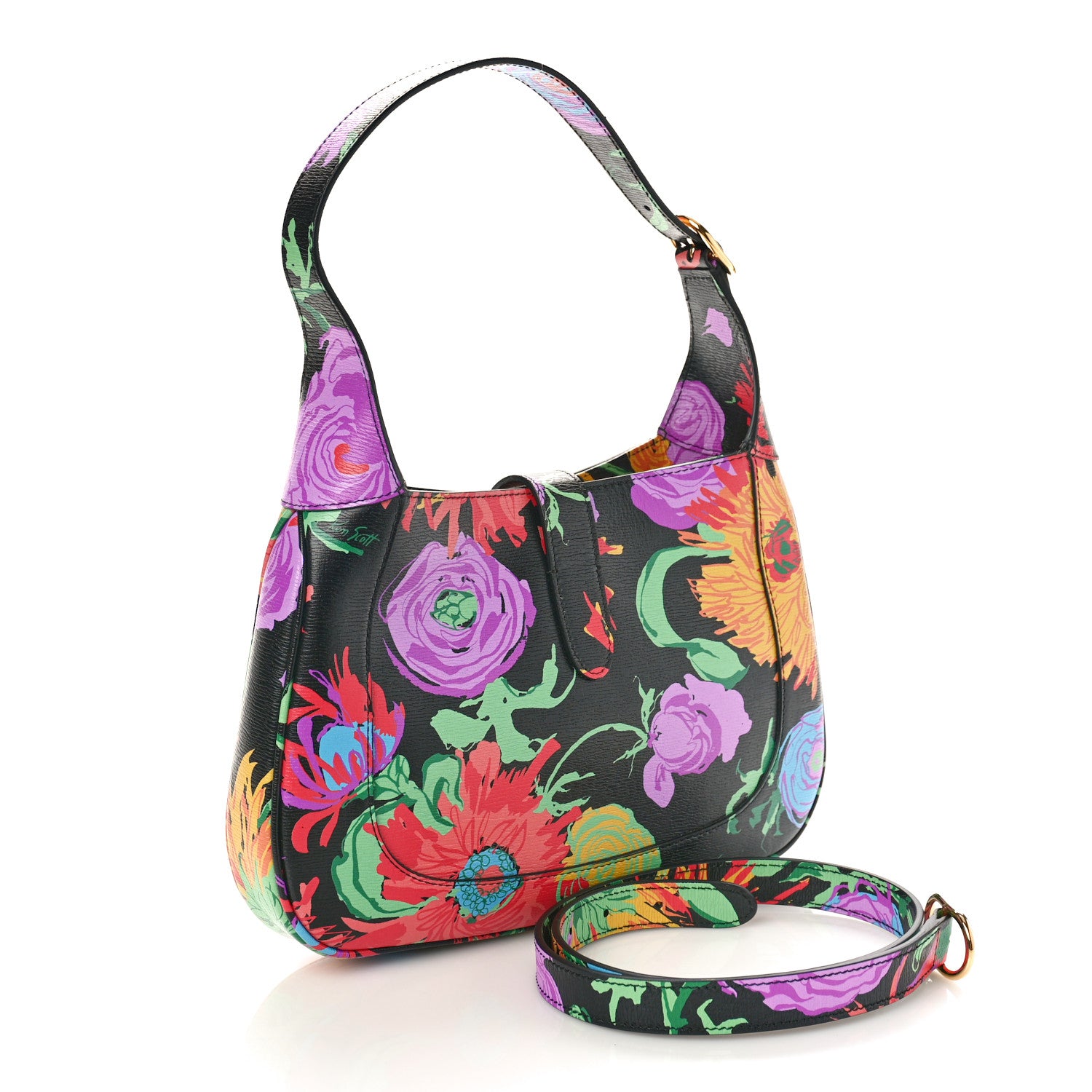 Gucci X KEN SCOTT New Shangai Calfskin Jenny Floral Print Small Jackie 1961 Hobo Black Pink 2 of 9