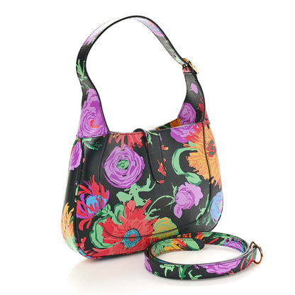 Gucci X KEN SCOTT New Shangai Calfskin Jenny Floral Print Small Jackie 1961 Hobo Black Pink 2 of 9