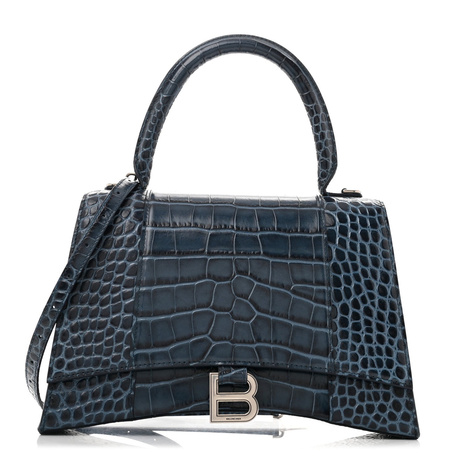 Balenciaga Shiny Calfskin Crocodile Embossed Medium Hourglass Top Handle Bag Denim Blue 1 of 13