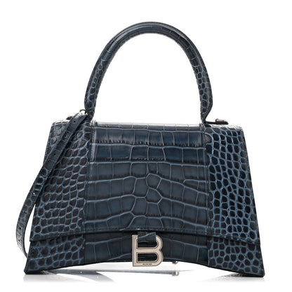 Balenciaga Shiny Calfskin Crocodile Embossed Medium Hourglass Top Handle Bag Denim Blue 1 of 13