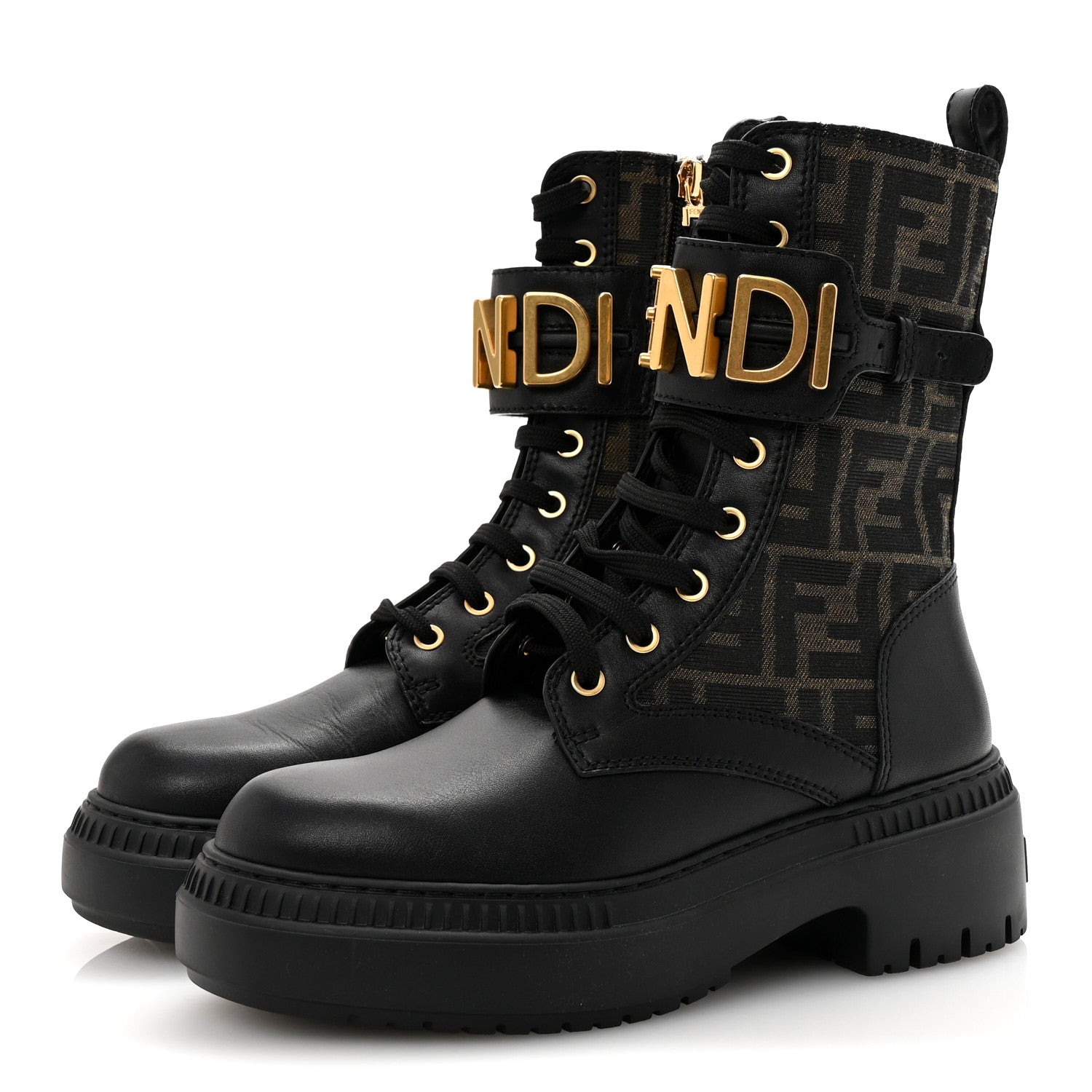 Fendi Vitello Fabric Jacquard FF Fendigraphy 50mm Biker Boots 35.5 Black Tobacco 4 of 10