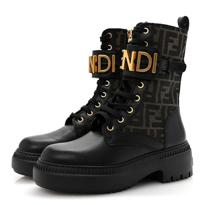 Fendi Vitello Fabric Jacquard FF Fendigraphy 50mm Biker Boots 35.5 Black Tobacco 4 of 10