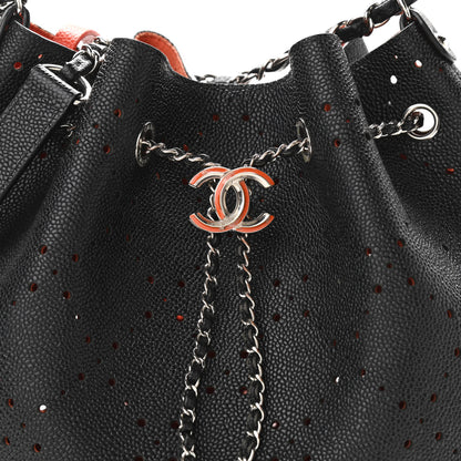 Chanel Caviar Perforated Drawstring CC Bag Black Orange 8 of 13