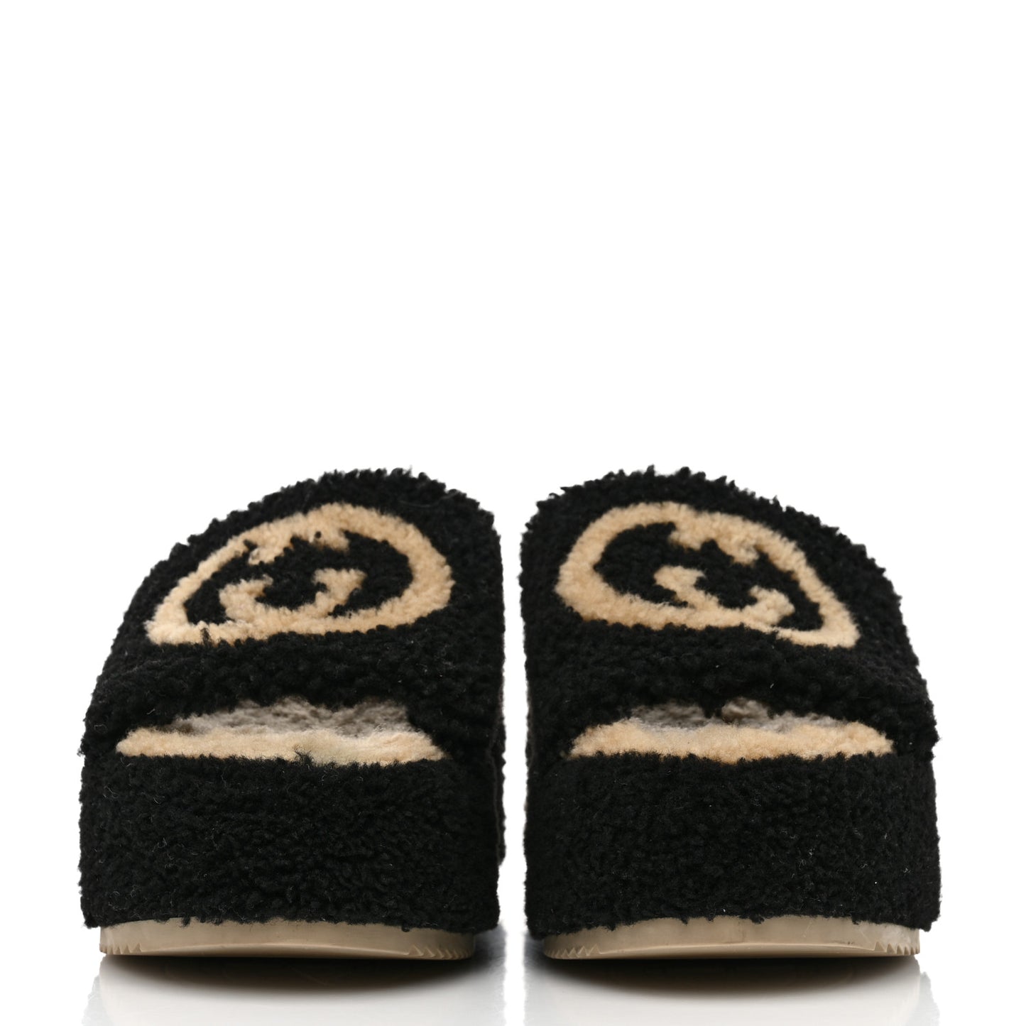 Shearling Interlocking G Womens Elea Platform Slide Wedge Sandals 37 Black Butterscotch