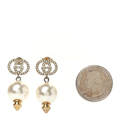 Gucci Metal Crystal Pearl Interlocking G Earrings Shiny Gold 3 of 8