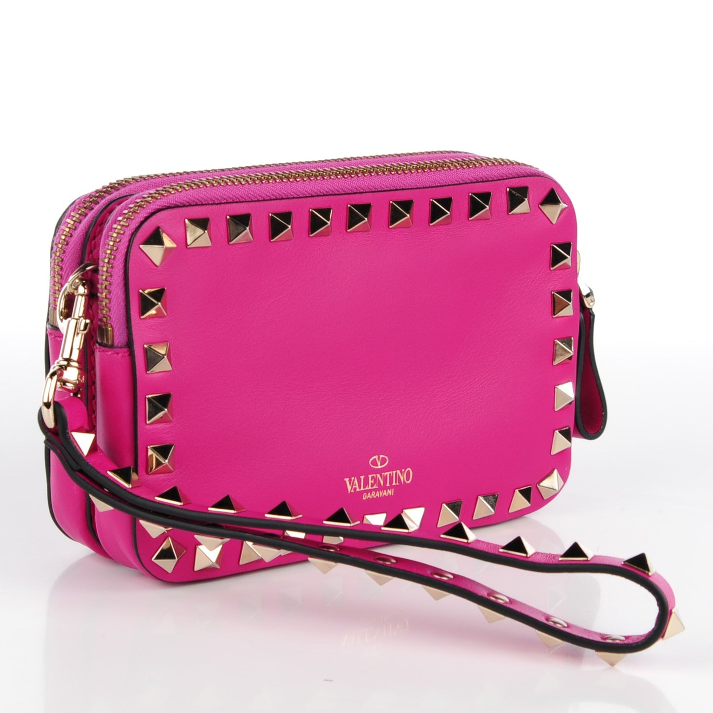 Vitello Rockstud Double Zip Compartment Clutch Wristlet Bag Fuxia
