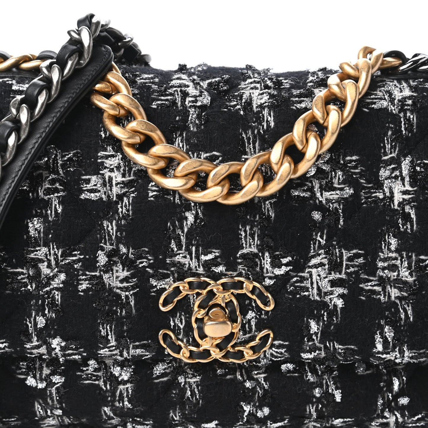 Tweed Quilted Medium Chanel 19 Flap Black Silver Ecru
