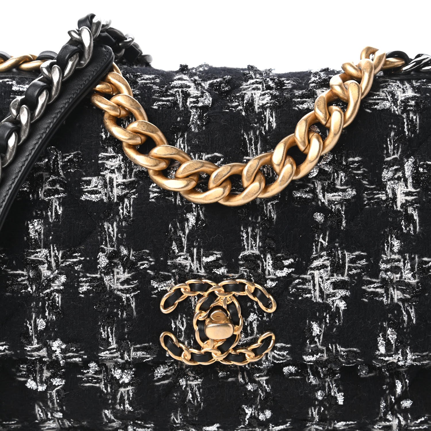 Chanel Tweed Quilted Medium Chanel 19 Flap Black Silver Ecru 10 of 10