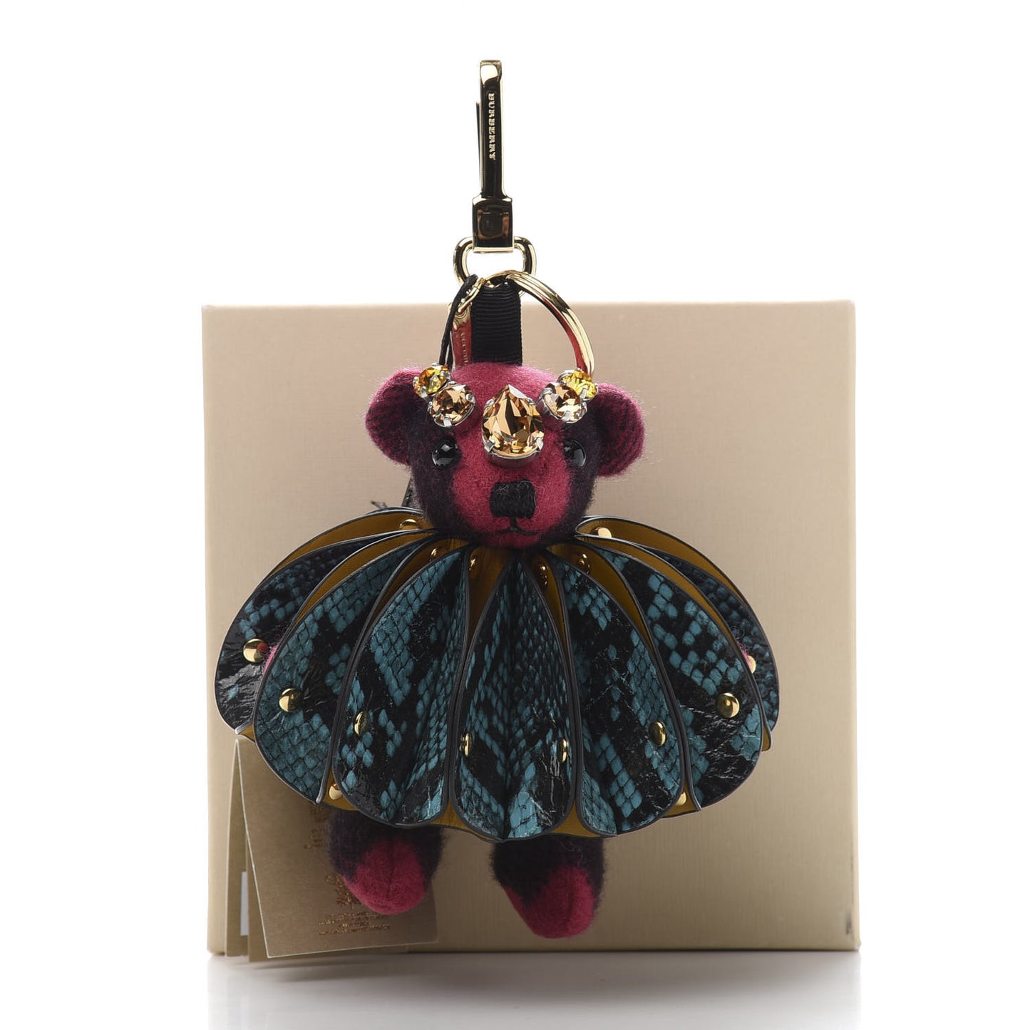 Cashmere Check Calfskin Crystal Concertina Thomas Bear Bag Charm Fuchsia Pink