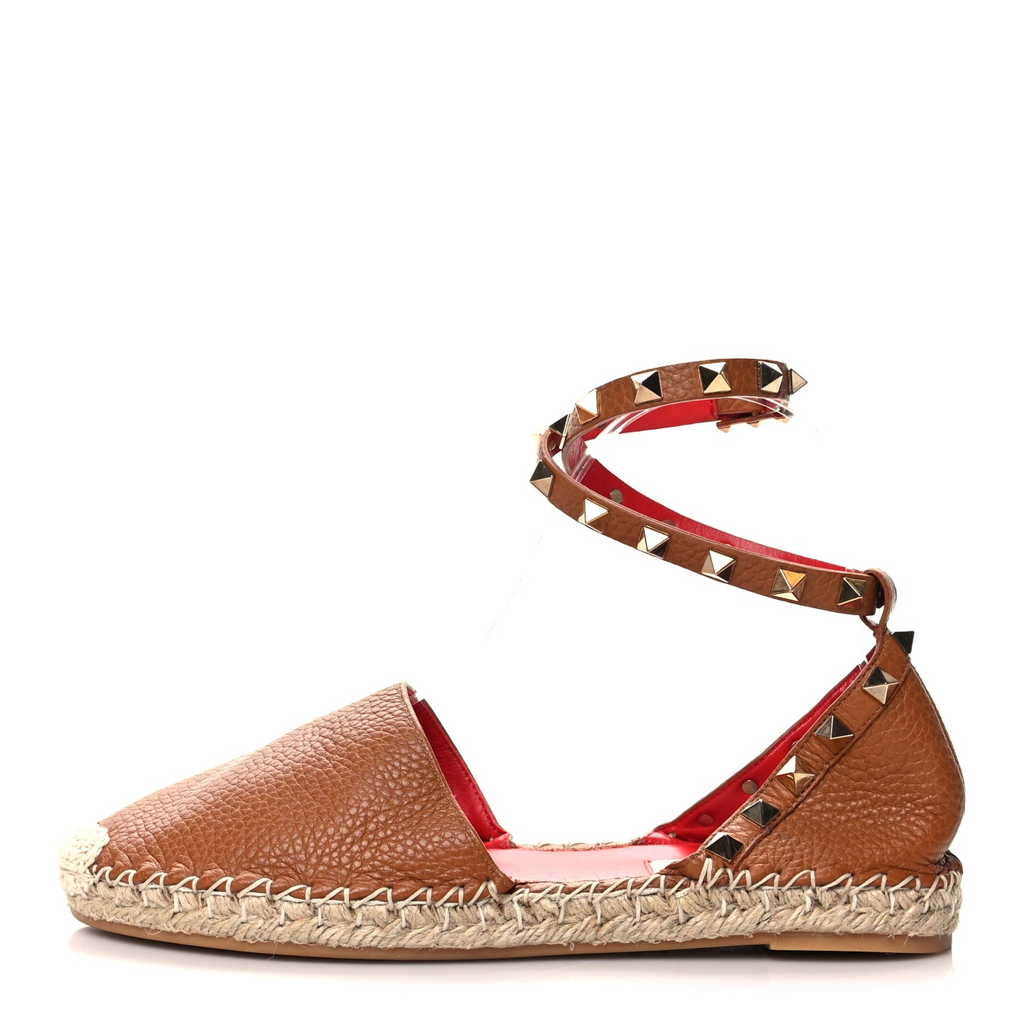 Grained Calfskin Rockstud Ankle Wrap Espadrille Flats 36 Cognac