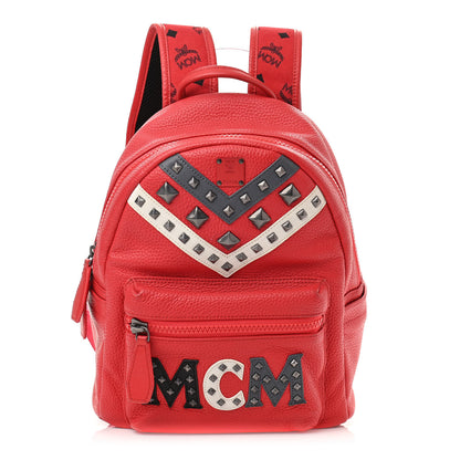 MCM Calfskin Studded Small Logo Backpack Red 1 of 14