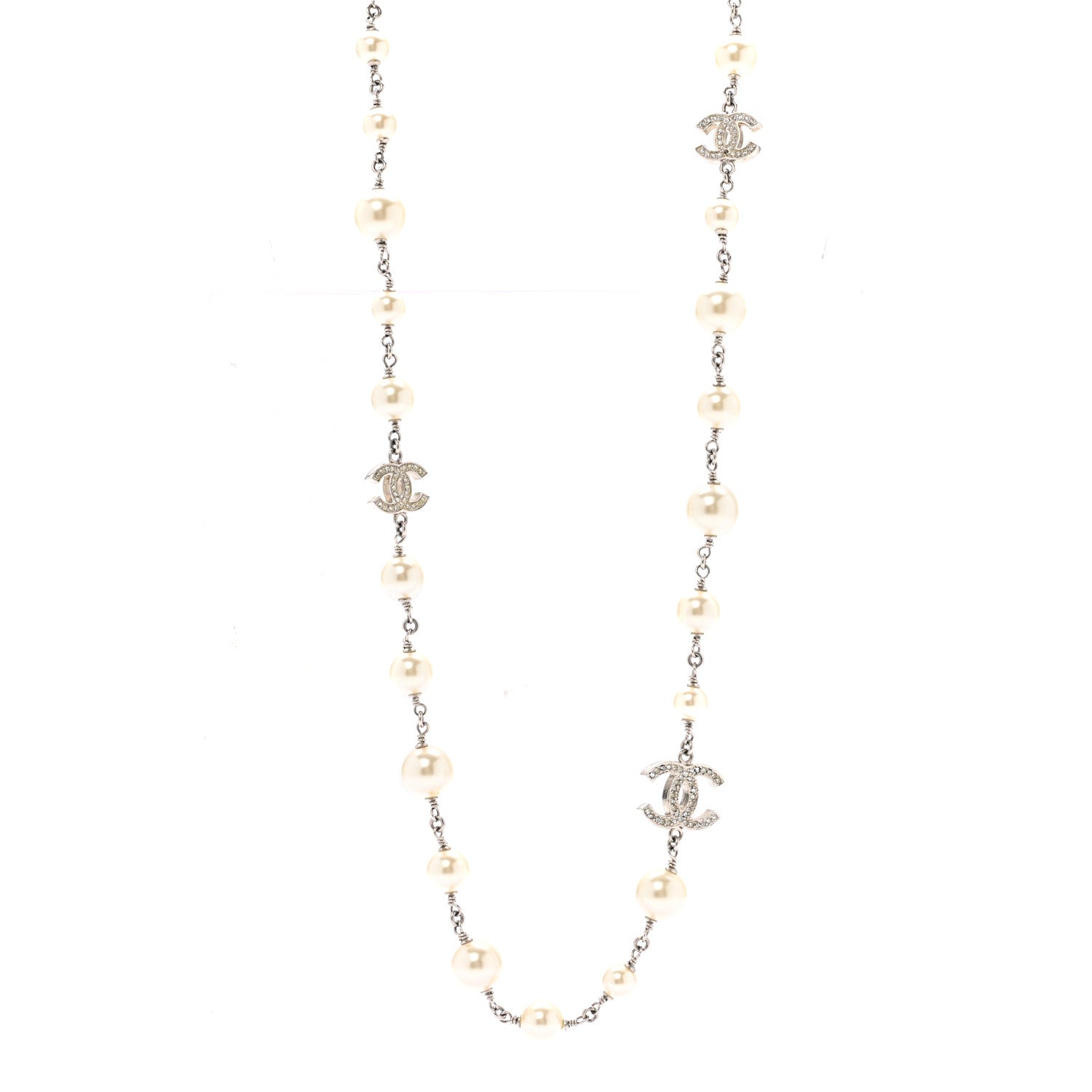 Chanel Crystal Pearl CC Long Necklace Silver 1 of 8