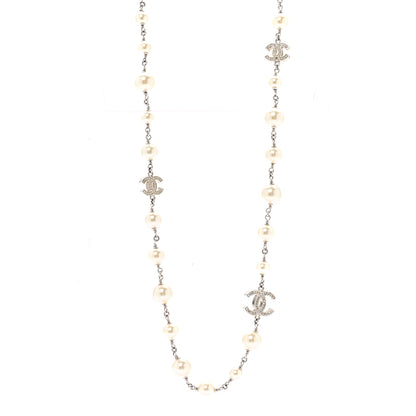 Chanel Crystal Pearl CC Long Necklace Silver 1 of 8