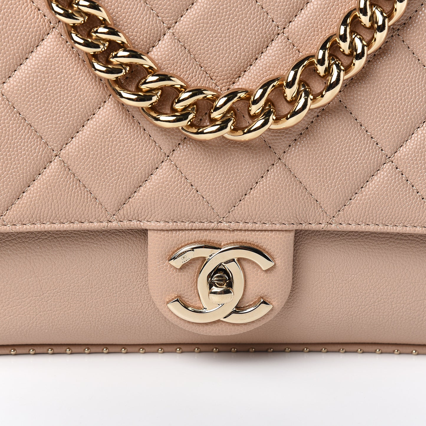 Caviar Quilted Large Studded Flap Beige