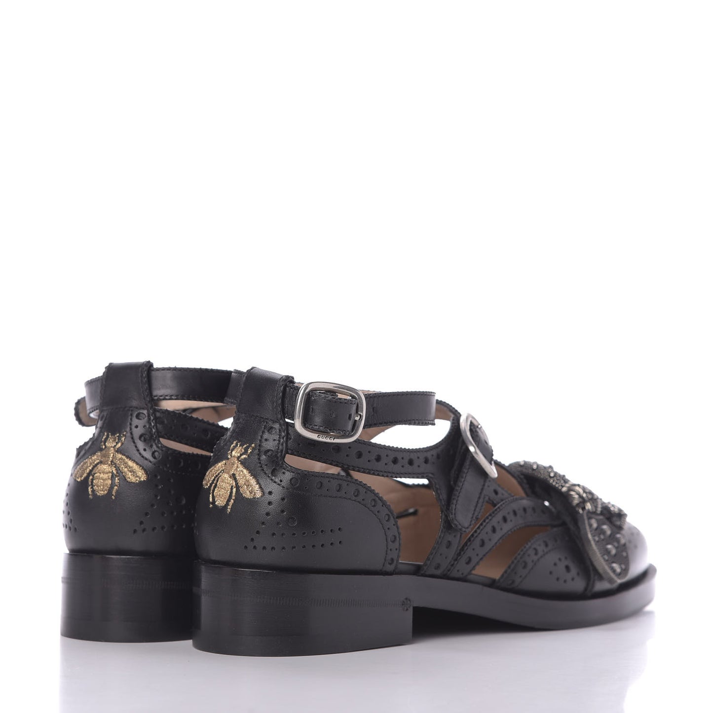 Calfskin Bee Embroidered Womens Queercore Brogue Wingtip Monk Strap Loafers 37.5 Black
