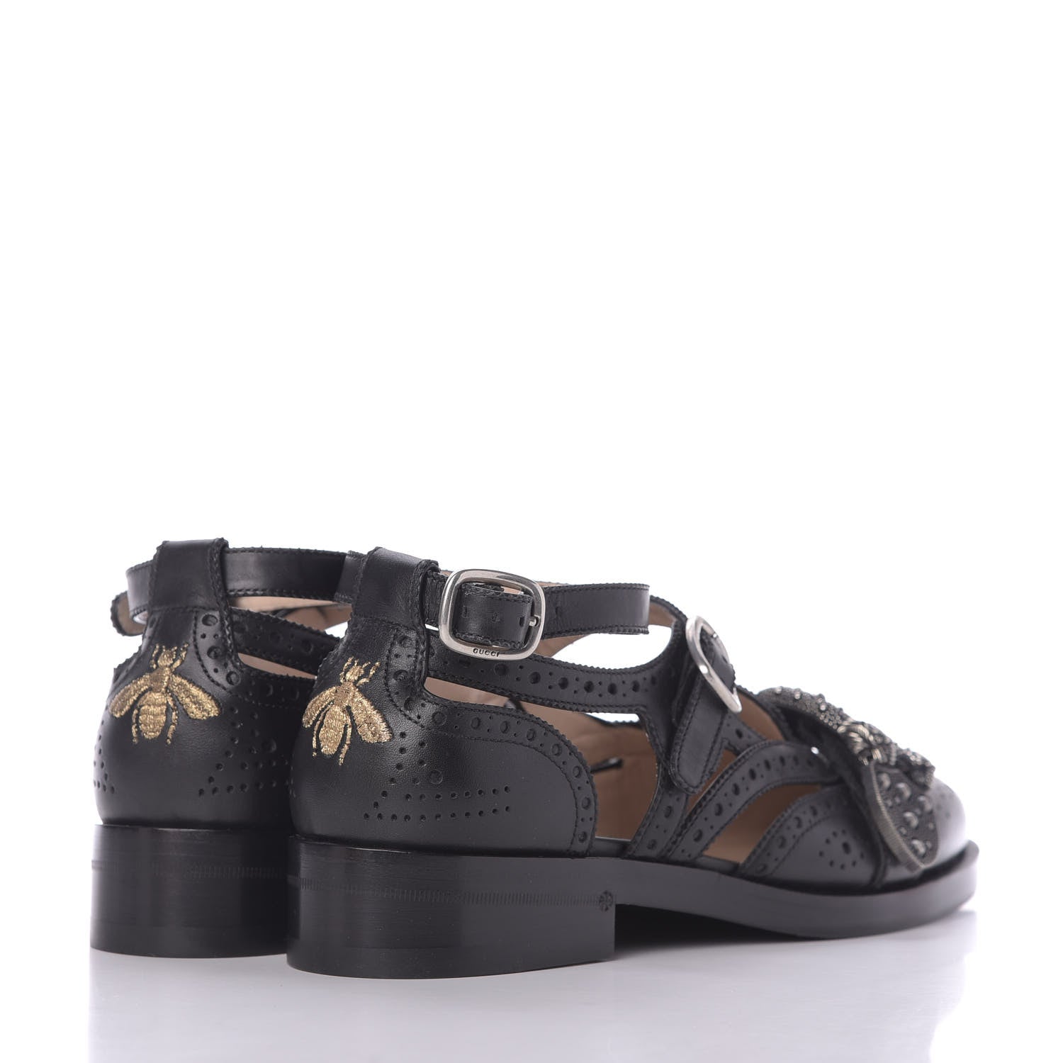 Gucci Calfskin Bee Embroidered Womens Queercore Brogue Wingtip Monk Strap Loafers 37.5 Black 3 of 11