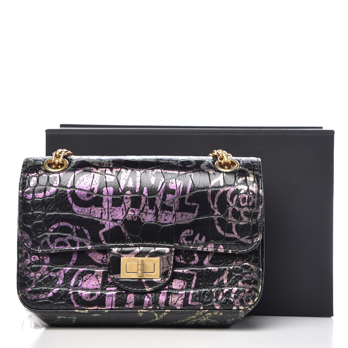 Calfskin Crocodile Embossed Graffiti 2.55 Mini Cocodile Reissue Flap Black Pink