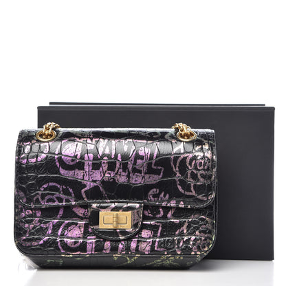 Chanel Calfskin Crocodile Embossed Graffiti 2.55 Mini Cocodile Reissue Flap Black Pink 12 of 12