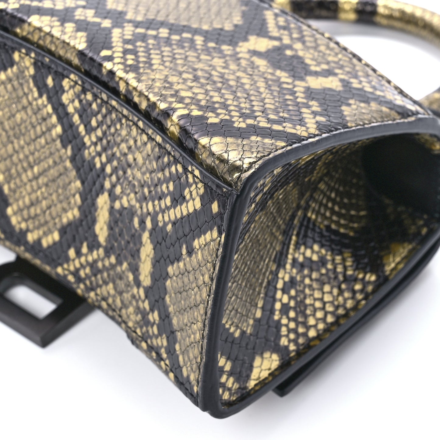Shiny Calfskin Snakeskin Embossed Hourglass Top Handle Bag XS Gold Black