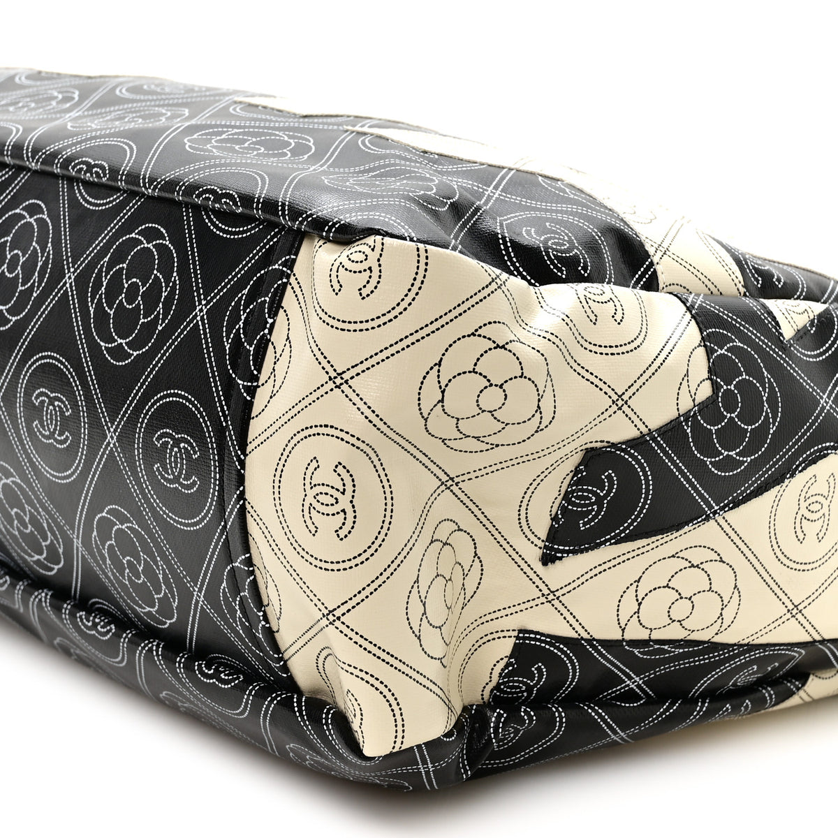 Coated Canvas Camellia Medium Shopping Tote Black Beige