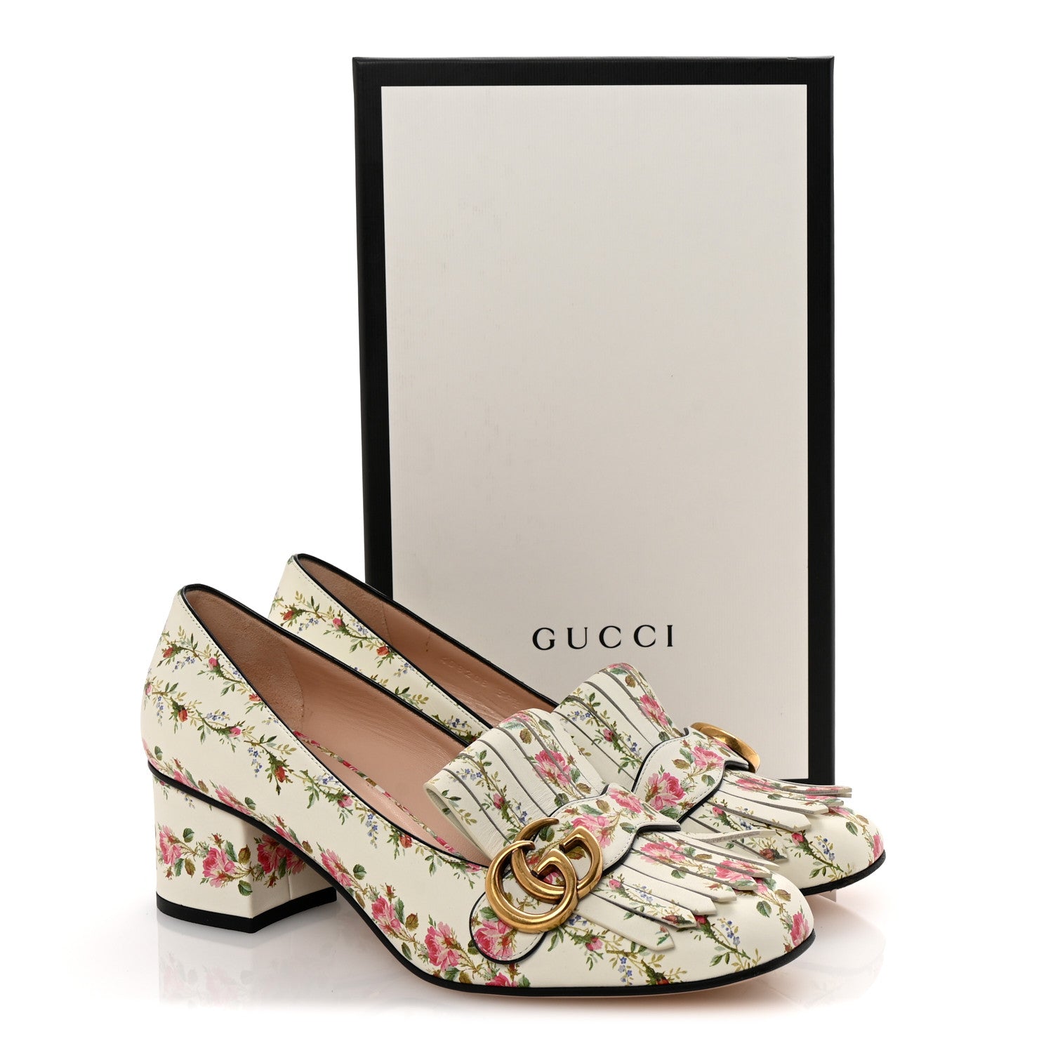 Gucci Calfskin Rose Print GG Marmont Fringe 50mm Loafer Pumps 39.5 Ivory Multicolor 10 of 10