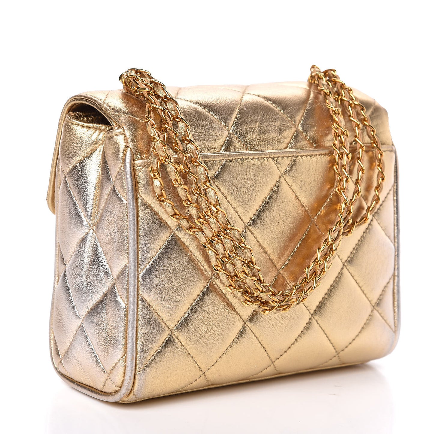 Metallic Lambskin Quilted Mini Square Flap Light Gold