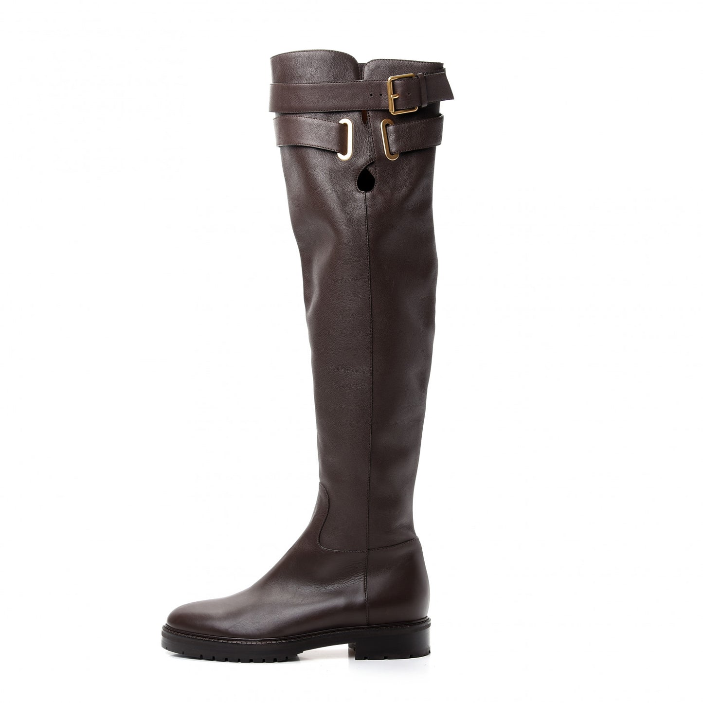 Calfskin Knee High Buckle Boots 40 Brown