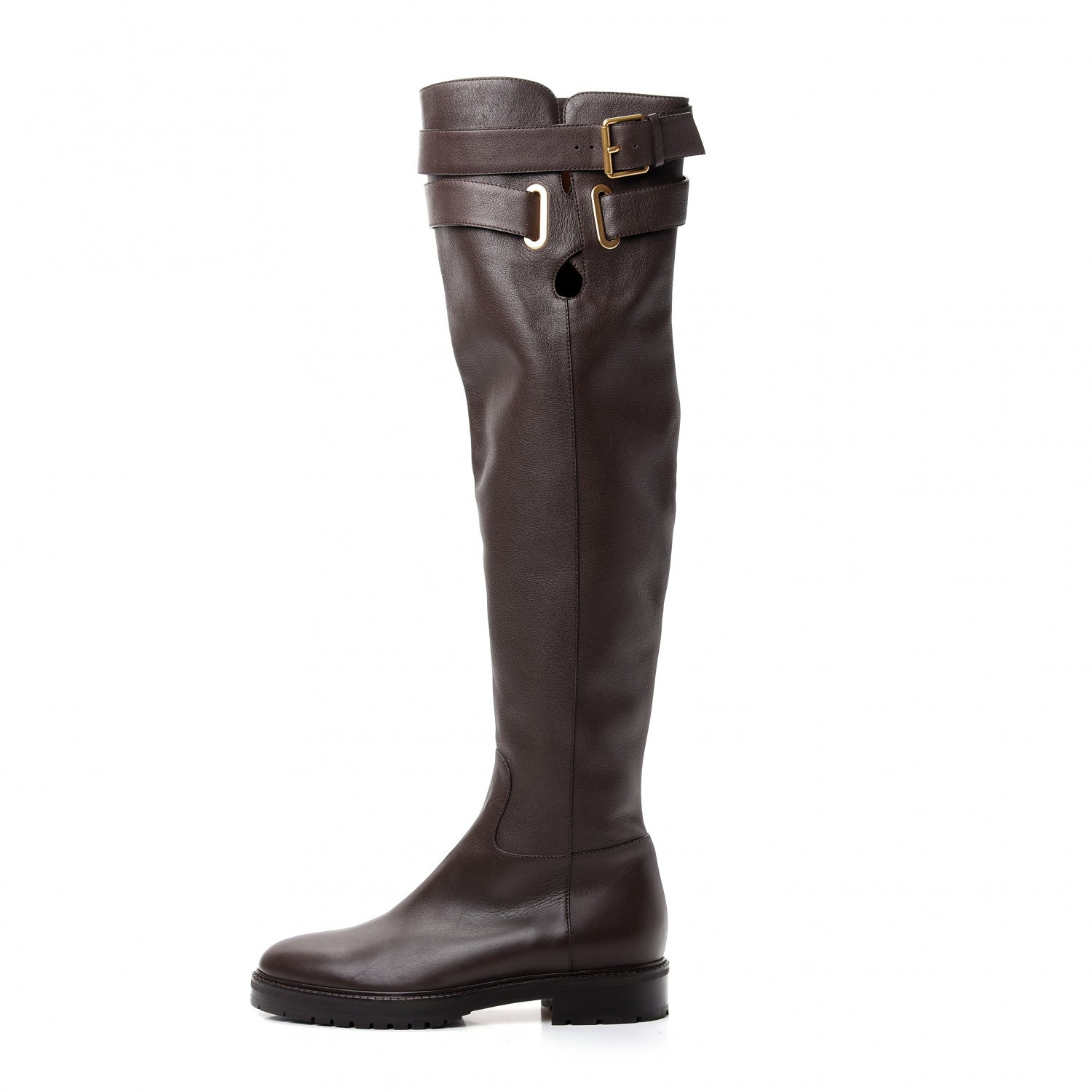 Valentino Garavani Calfskin Knee High Buckle Boots 40 Brown 1 of 13