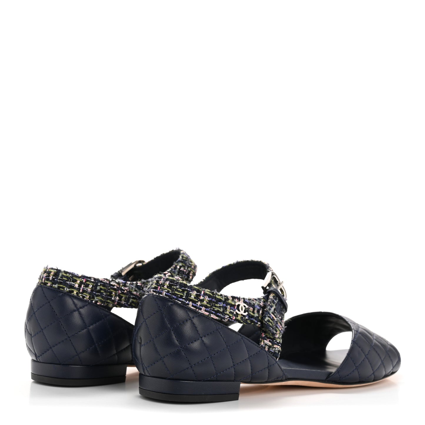 Tweed Lambskin Sandals 40 Green Navy Silver