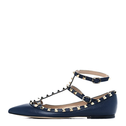 Valentino Garavani Pebbled Calfskin Rockstud Cage Ballerina Flats 39 Dark Blue 1 of 8