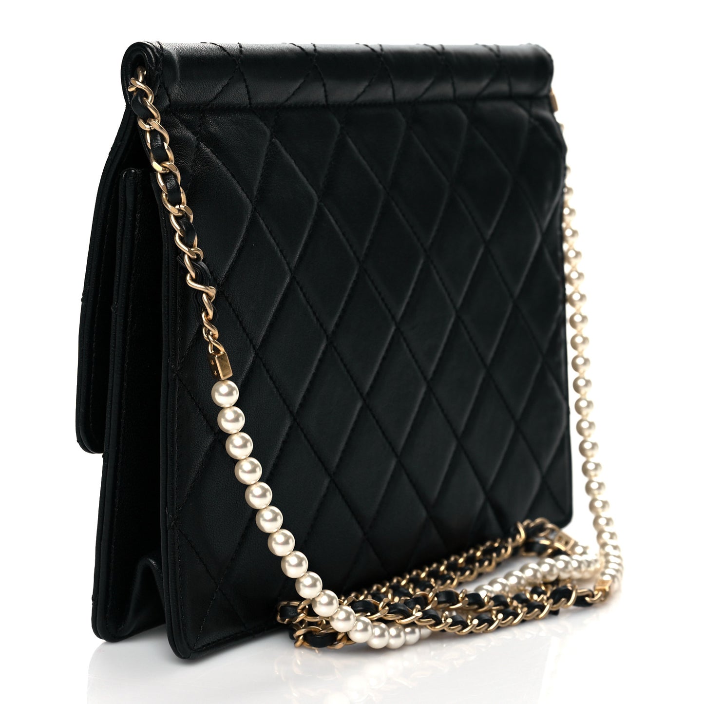 Goatskin Quilted Pearl Chain Flap Bag Black