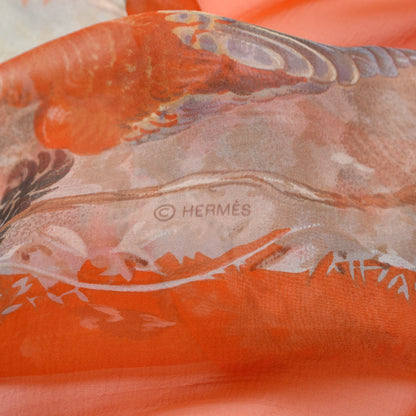 Hermes Silk Mousseline Equateur Shawl 140 Orange Vert De Gris Caramel 8 of 8
