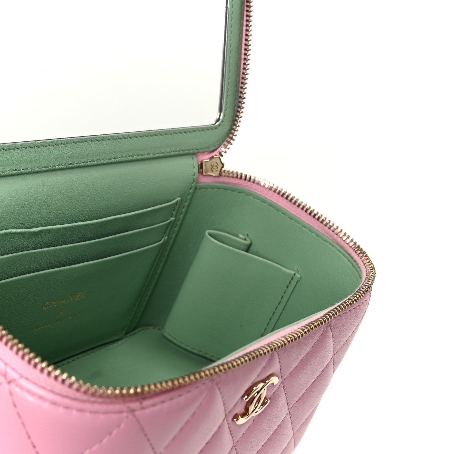 Lambskin Quilted Small Top Handle Vanity Case With Chain  Lilac Light Green