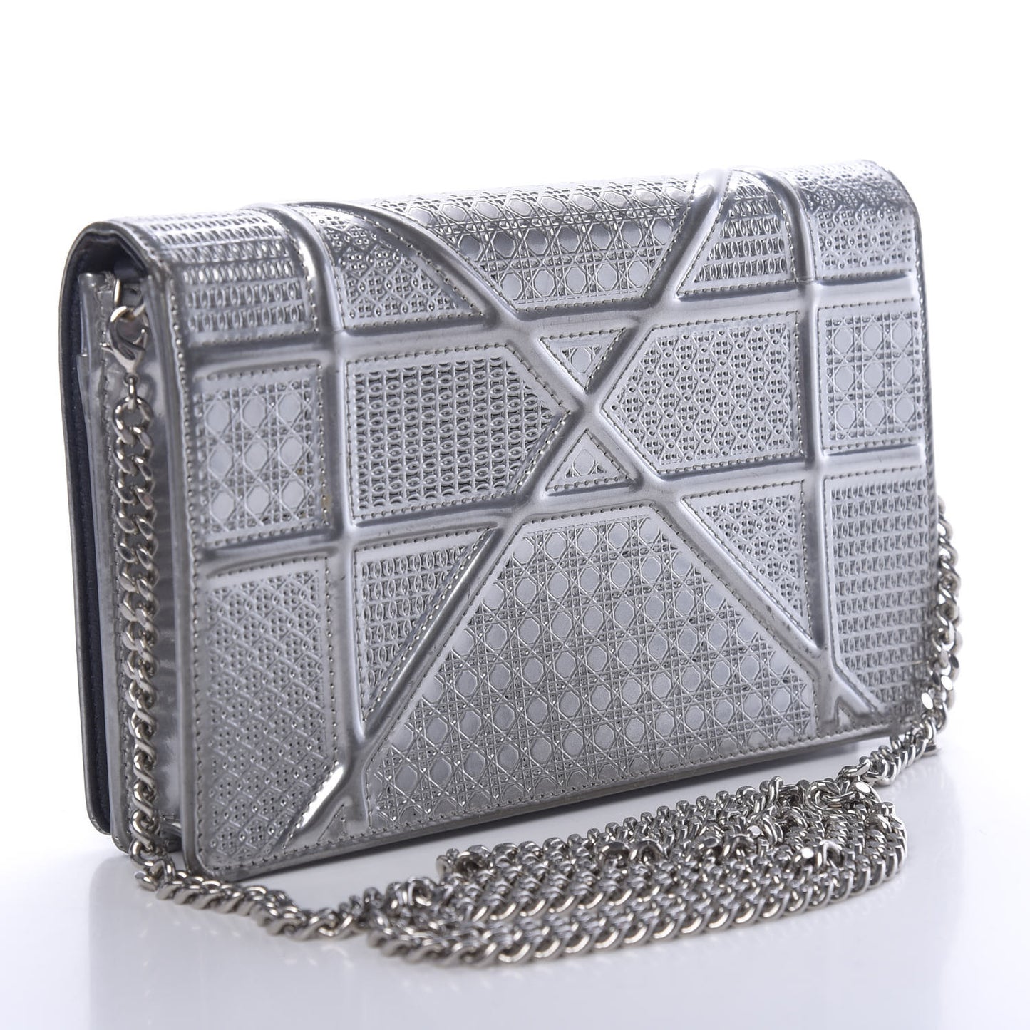 Metallic Patent Micro-Cannage Diorama Wallet on Chain Pouch Silver