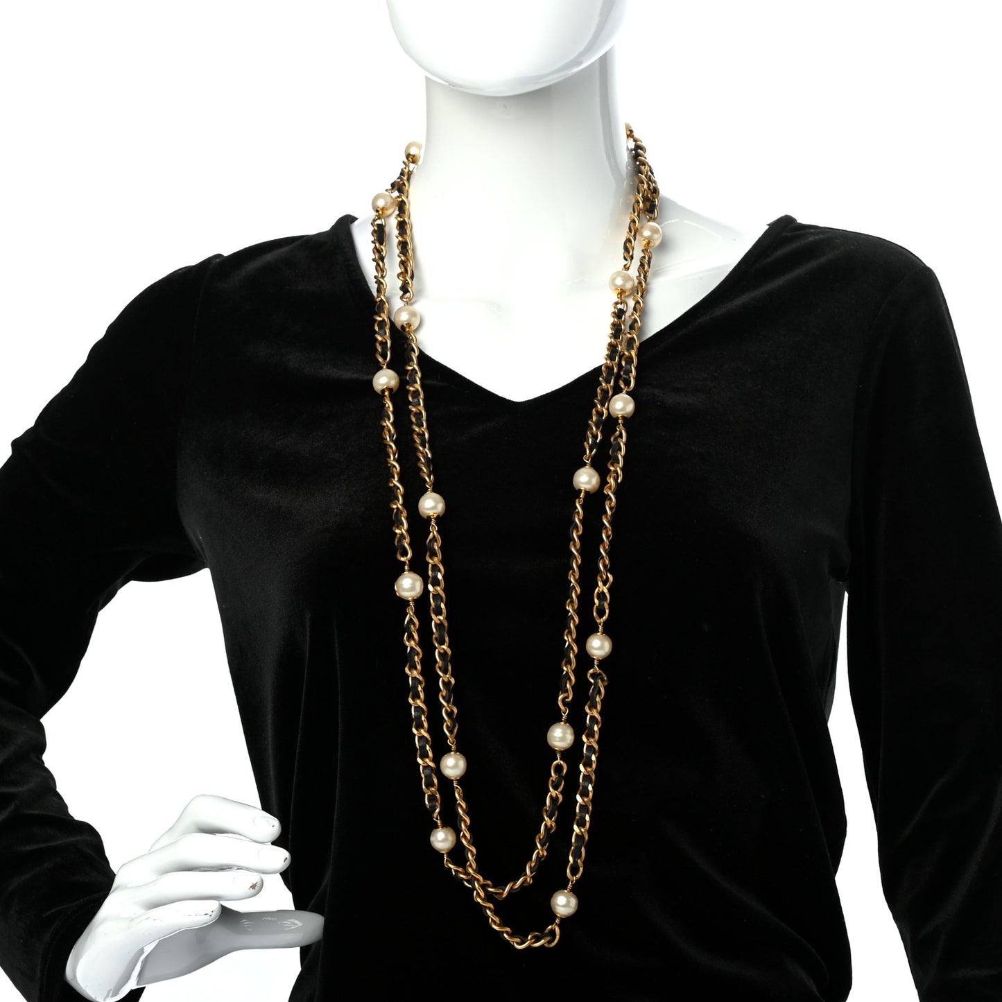 Lambskin Pearl Chain Necklace Black Gold