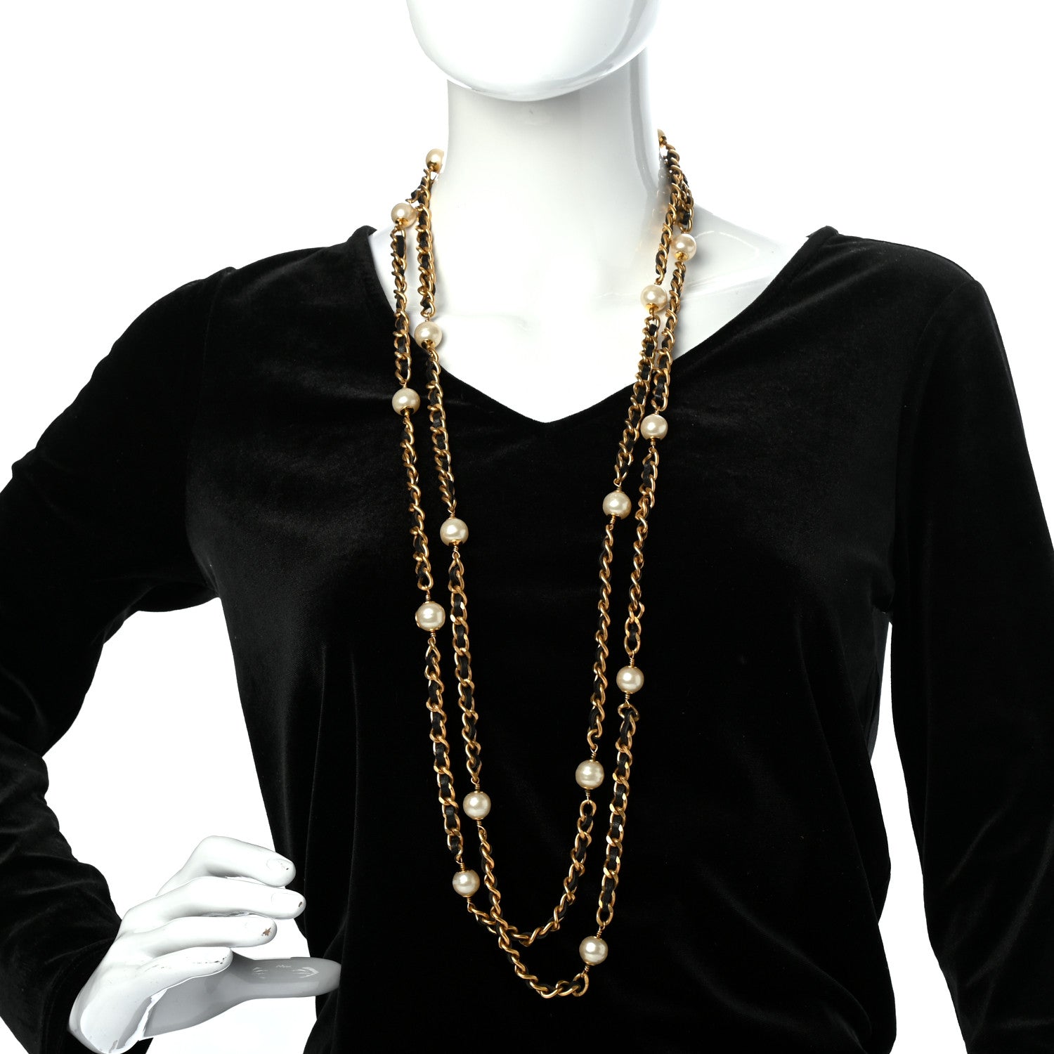 Chanel Lambskin Pearl Chain Necklace Black Gold 2 of 4