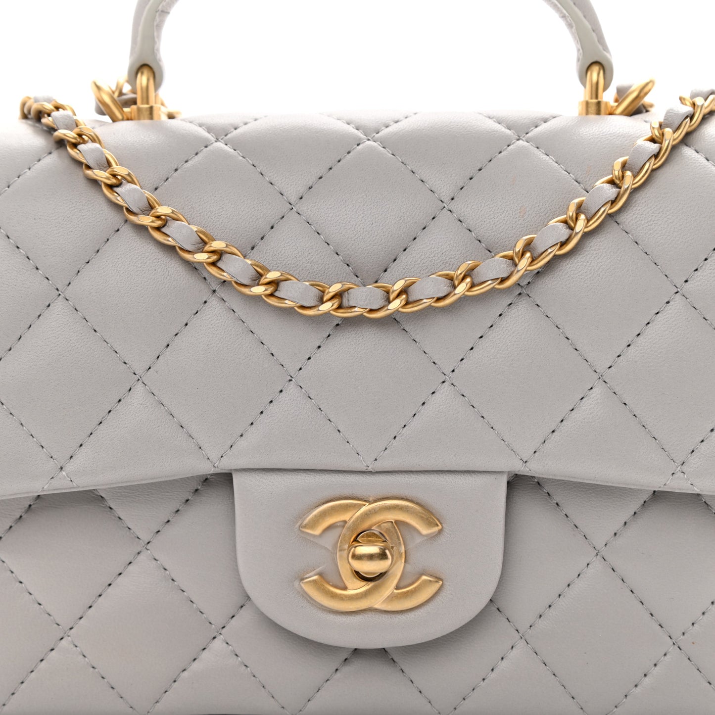 Lambskin Quilted Mini Top Handle Rectangular Flap Grey