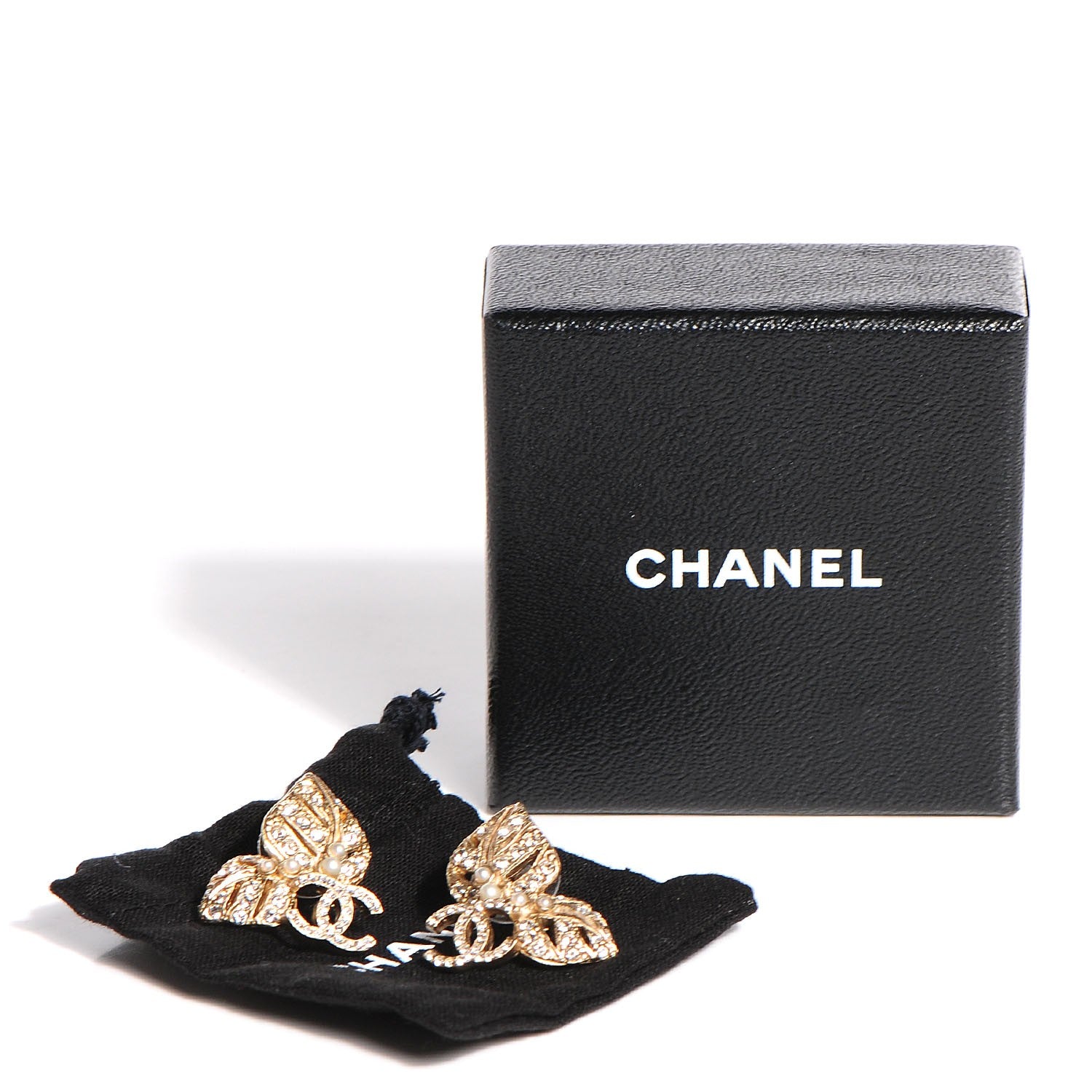 Chanel Crystal Pearl CC Leaf Earrings Gold 5 of 5