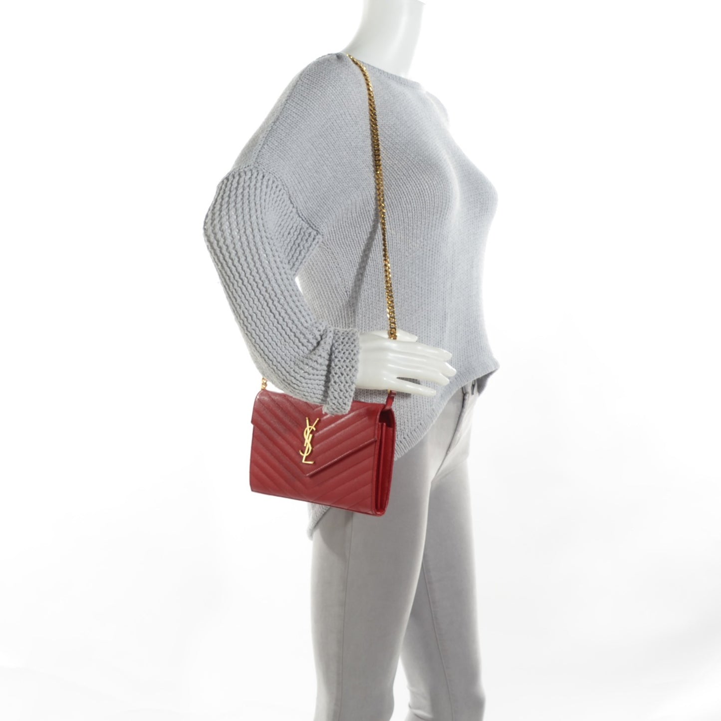 Grain De Poudre Matelasse Chevron Monogram Chain Wallet Red