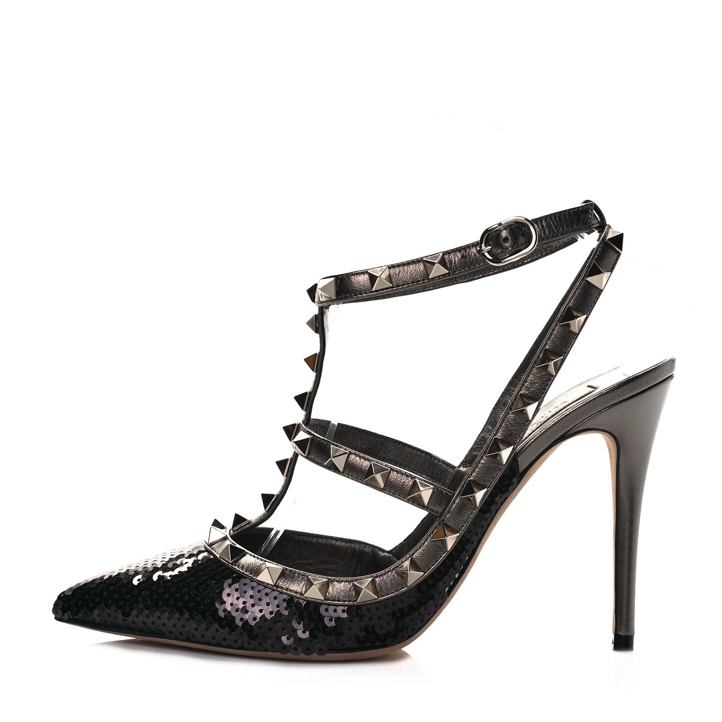 Sequin Metallic Nappa Rockstud Ankle Strap 100mm Pumps 38 Black Rutenio